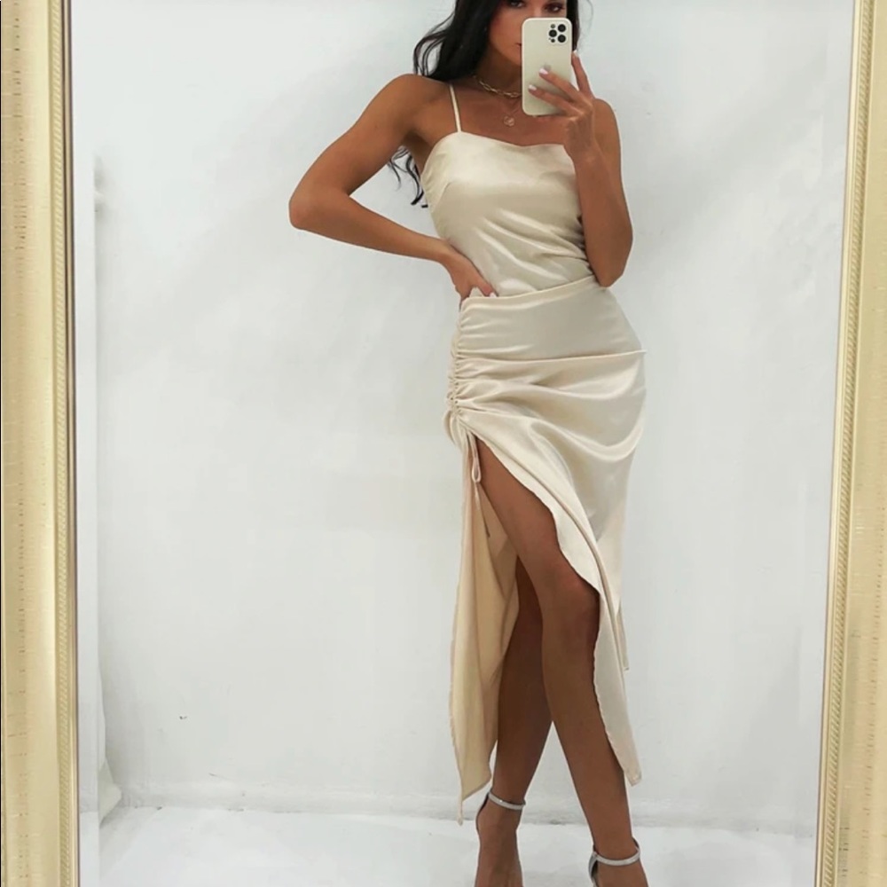 satin ruched slit dress